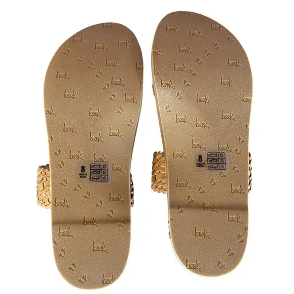NWB BEEK Women's Flicker Leather Woven Double Strap Flat Sandals in Honey Size 8
