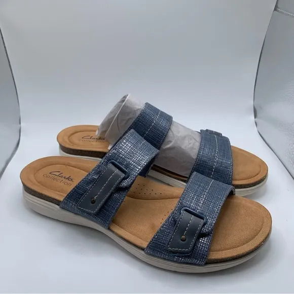 NWB Clarks Women's April Dusk Sandal size 12 N blue slip on comfort sandals