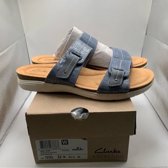 NWB Clarks Women's April Dusk Sandal size 12 N blue slip on comfort sandals