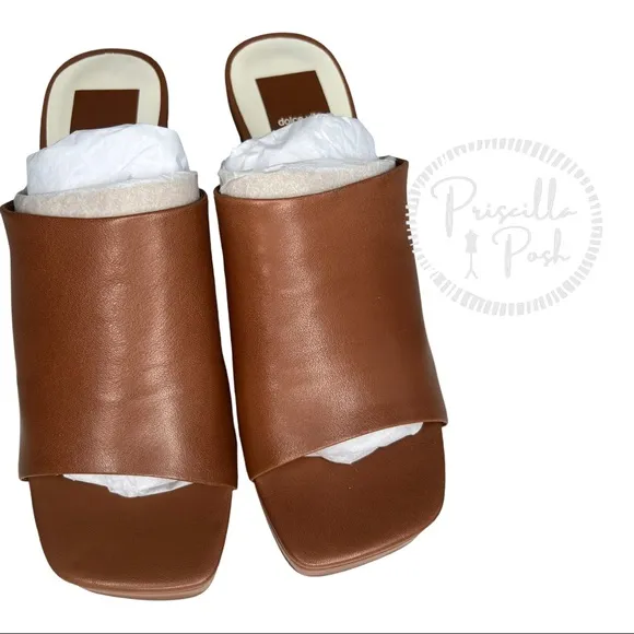 NWB Dolce Vita Brown Leather Platform Block Heel Mules Sandals Slip on