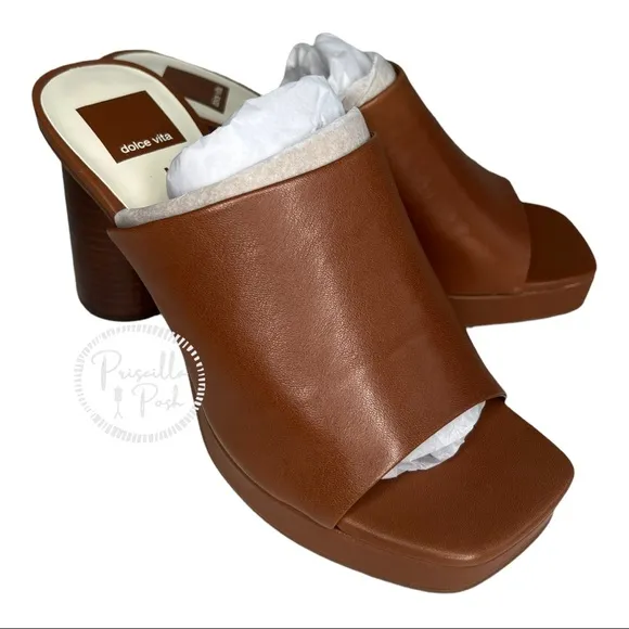 NWB Dolce Vita Brown Leather Platform Block Heel Mules Sandals Slip on