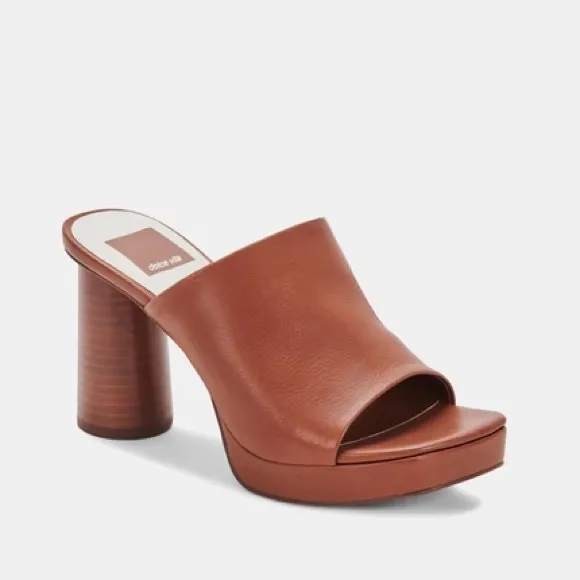 NWB Dolce Vita Brown Leather Platform Block Heel Mules Sandals Slip on