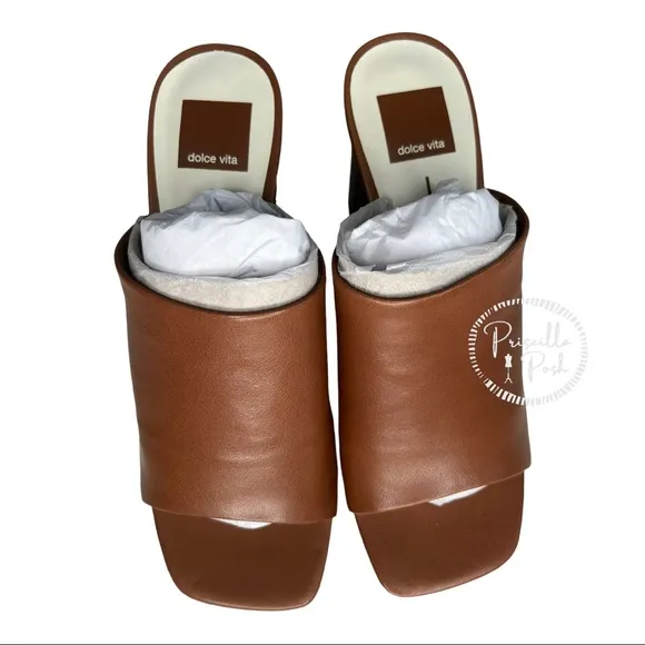 NWB Dolce Vita Brown Leather Platform Block Heel Mules Sandals Slip on