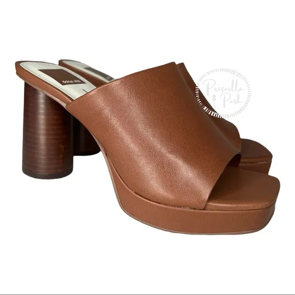 NWB Dolce Vita Brown Leather Platform Block Heel Mules Sandals Slip on