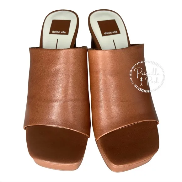 NWB Dolce Vita Brown Leather Platform Block Heel Mules Sandals Slip on