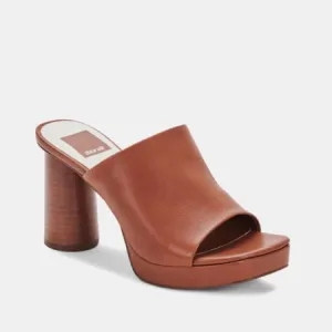 NWB Dolce Vita Brown Leather Platform Block Heel Mules Sandals Slip on