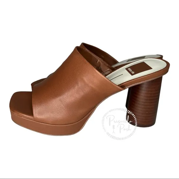 NWB Dolce Vita Brown Leather Platform Block Heel Mules Sandals Slip on
