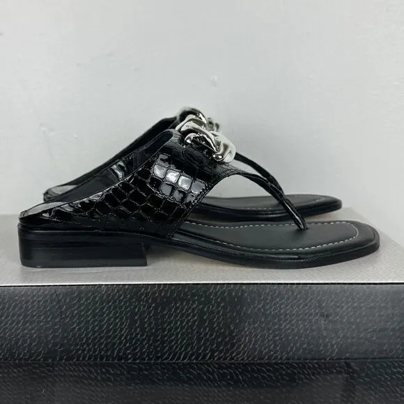 NWB Donald Pliner Louise66 Leather Slip-On Crocco Patent Heeled Black Sandals 6