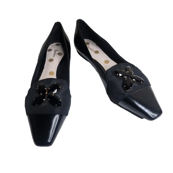 NWOB Boden womens black leather jeweled almond toe slip on casual flats Sz 11M