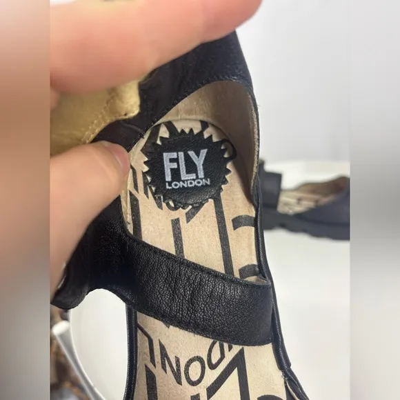 NWOB Fly London Leather Almond Toe Wedge Mary Jane Sandals Black 41 10.5
