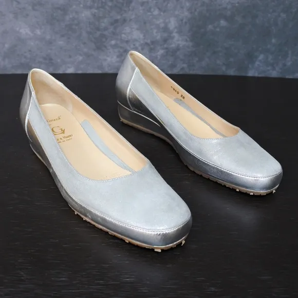 NWOB Luca Grossi Italy Silver Leather Low Wedges Flats Size 38