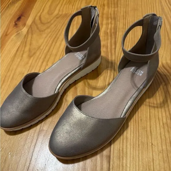 NWOB Eileen Fisher Emmet Metallic Ankle Strap Flat Women’s SIZE 8