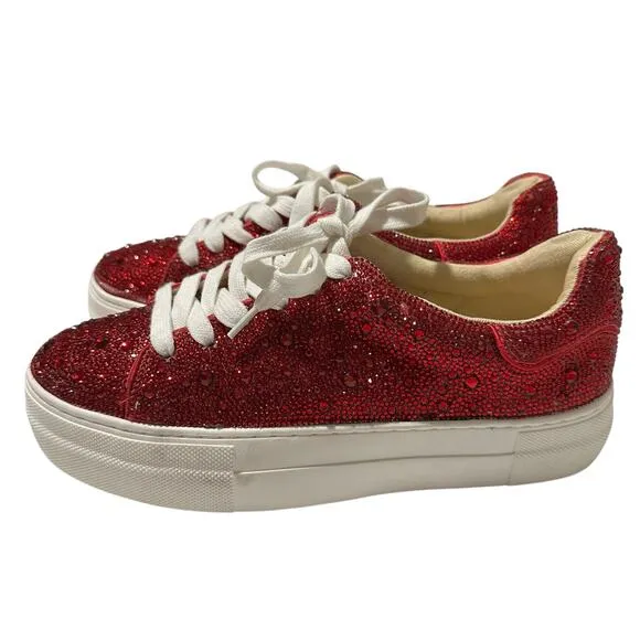 NWOT Betsy Johnson Sidny Platform Lace-Up Sneakers Red Rhinestone 6.5