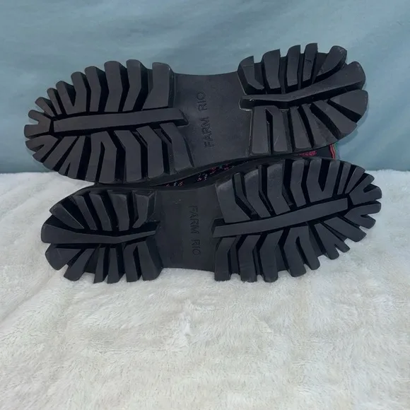 NWOT FARM RIO Embroidered Heart Black Mid Calf Combat Boot Sz US 8 Moto Stitched