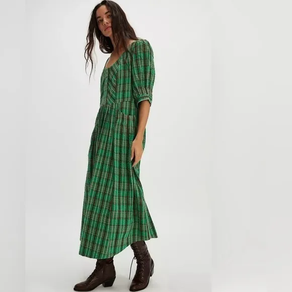 NWOT Free People Tulie Plaid Midi Dress in jade combo - XS