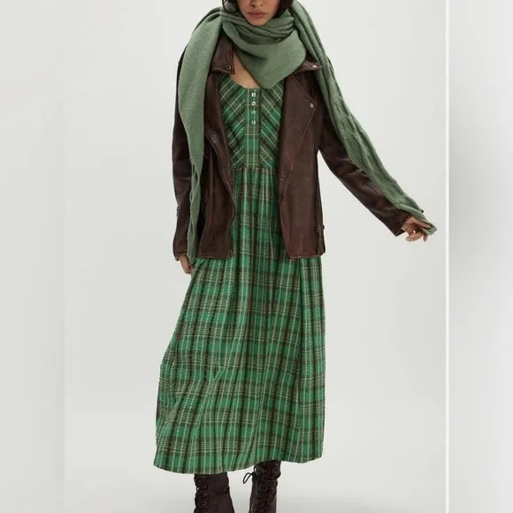 NWOT Free People Tulie Plaid Midi Dress in jade combo - XS