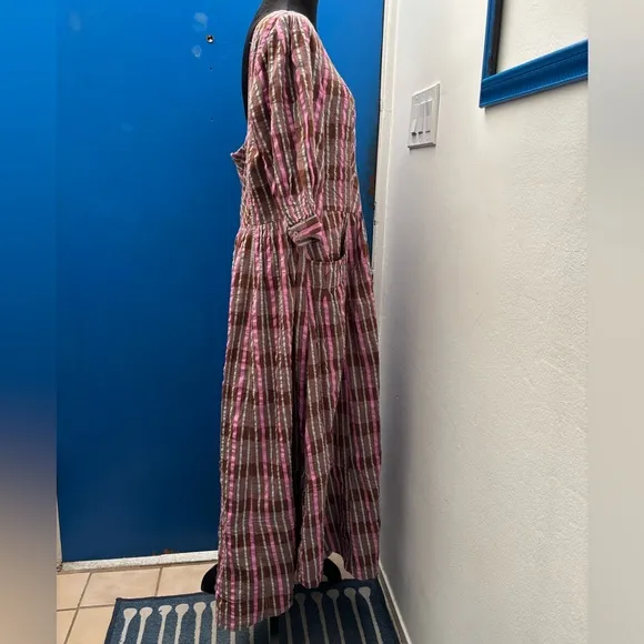 NWOT Free People Tulie Plaid Midi Dress in pink &amp; brown combo - L
