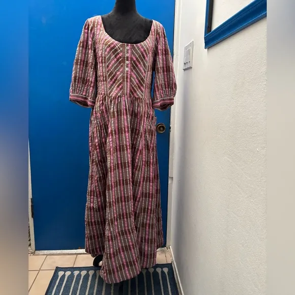 NWOT Free People Tulie Plaid Midi Dress in pink &amp; brown combo - L
