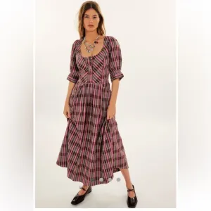 NWOT Free People Tulie Plaid Midi Dress in pink &amp; brown combo - L