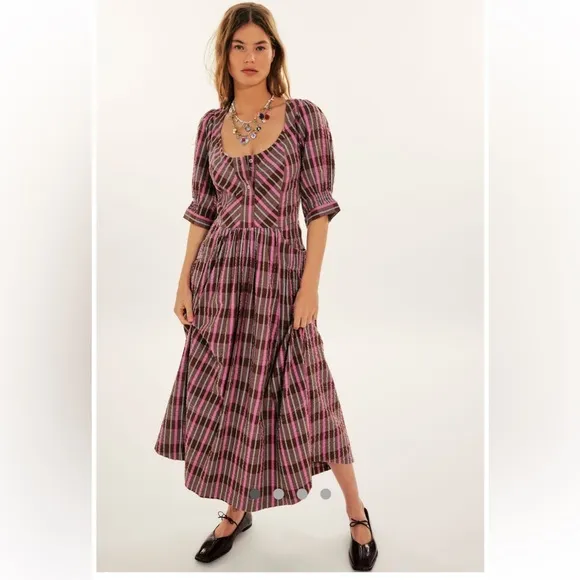 NWOT Free People Tulie Plaid Midi Dress in pink &amp; brown combo - L