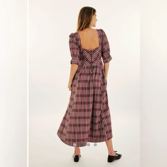 NWOT Free People Tulie Plaid Midi Dress in pink &amp; brown combo - L