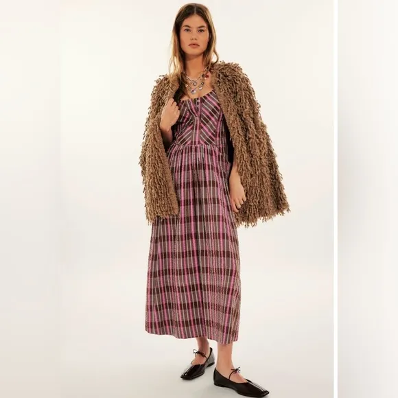 NWOT Free People Tulie Plaid Midi Dress in pink &amp; brown combo - L
