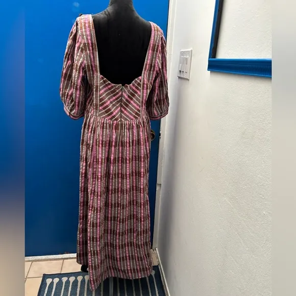 NWOT Free People Tulie Plaid Midi Dress in pink &amp; brown combo - L