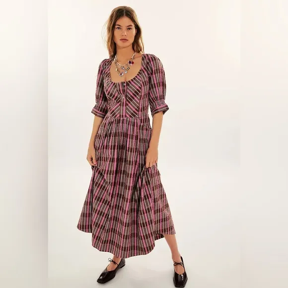NWOT Free People Tulie Plaid Midi / Maxi Dress Size Small