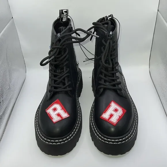 NWOT Karl Lagerfeld Paris Dixie Lace Up Combat Moto Boots Black Patch Womens 8.5