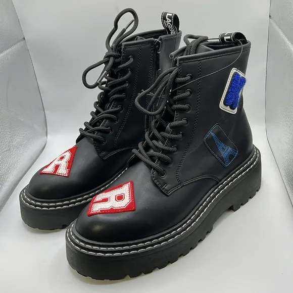 NWOT Karl Lagerfeld Paris Dixie Lace Up Combat Moto Boots Black Patch Womens 8.5