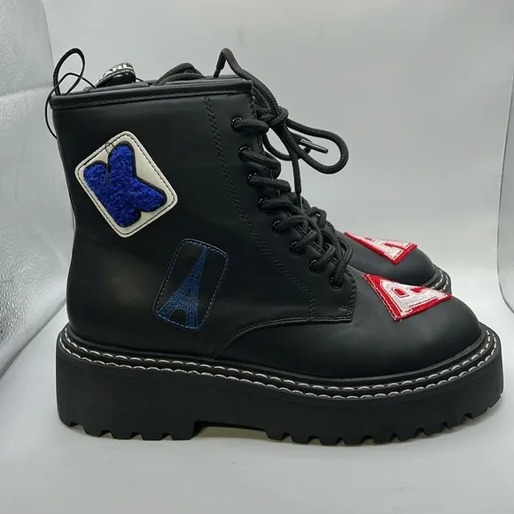 NWOT Karl Lagerfeld Paris Dixie Lace Up Combat Moto Boots Black Patch Womens 8.5