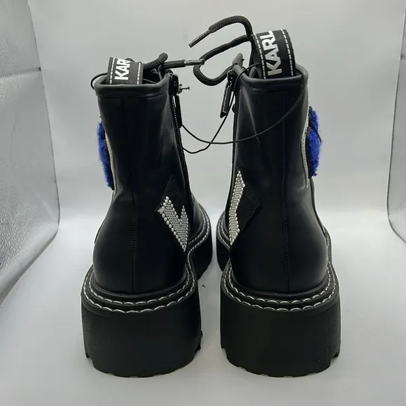 NWOT Karl Lagerfeld Paris Dixie Lace Up Combat Moto Boots Black Patch Womens 8.5
