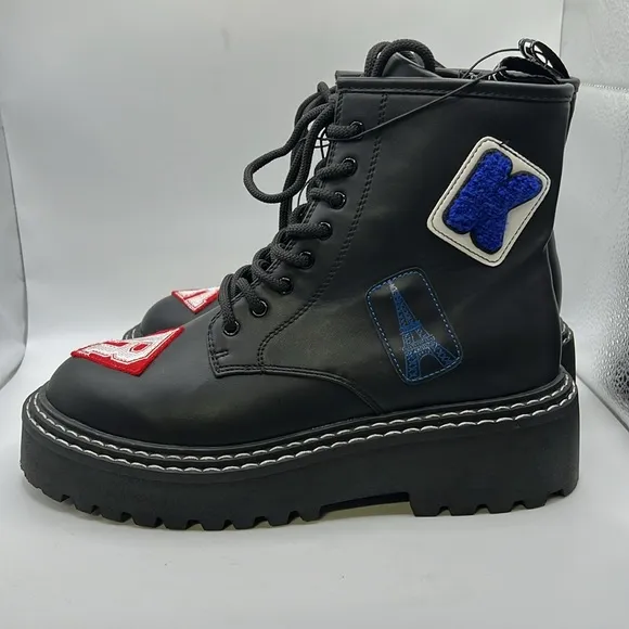 NWOT Karl Lagerfeld Paris Dixie Lace Up Combat Moto Boots Black Patch Womens 8.5