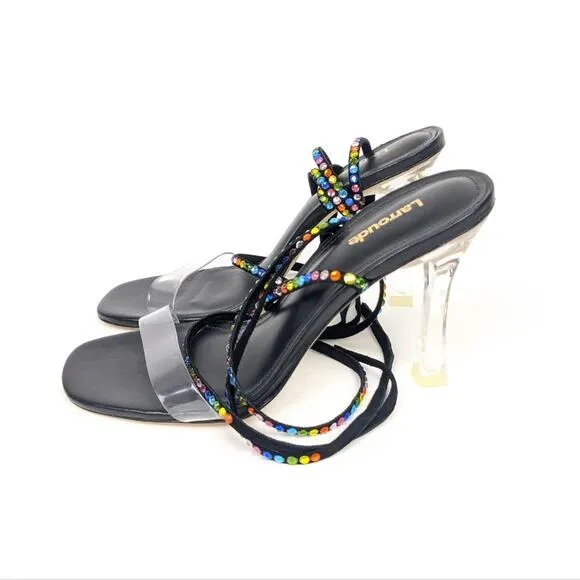 NWOT Larroudé Disco Gloria Rainbow Embellished Wrap Sandals Size 7