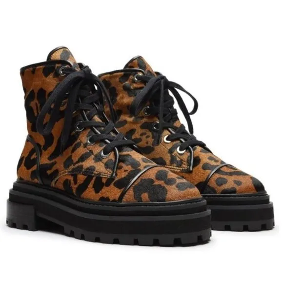 NWOT SCHUTZ Maylova Leopard-Print Calf Hair Combat Booties