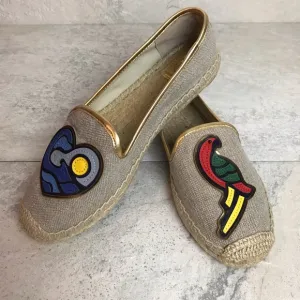 NWOT Tory Burch Parrot Espadrilles Natural Linen Vegan Leather Size 9.5 New