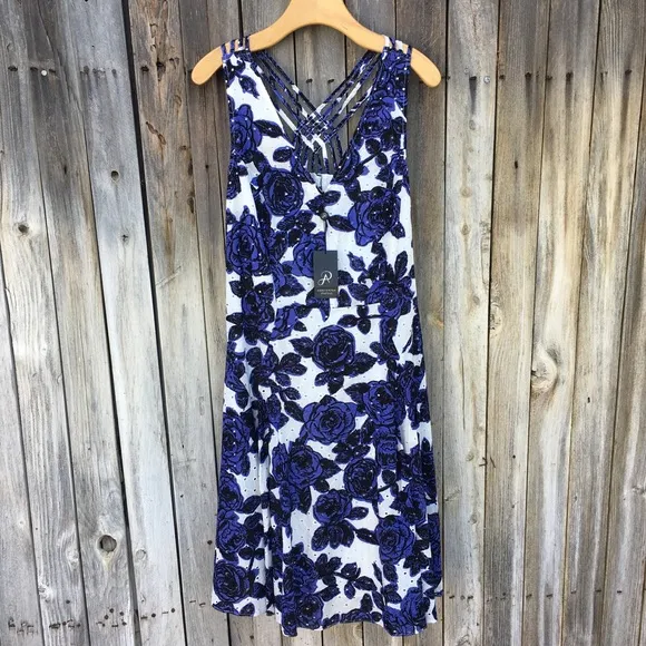 NWT Adrianna Papell Floral Fit and Flare Dress Cotton Blue White 16