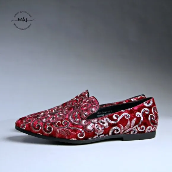 NWT Amali Fabian Embroidered Sequin Driving Loafers Red Rose Gold Men 8