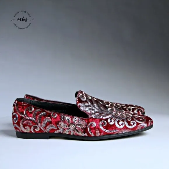 NWT Amali Fabian Embroidered Sequin Driving Loafers Red Rose Gold Men 8