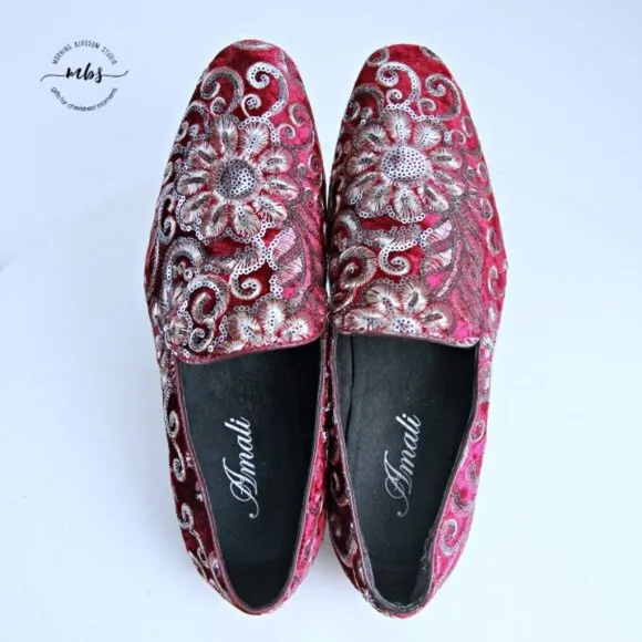 NWT Amali Fabian Embroidered Sequin Driving Loafers Red Rose Gold Men 8