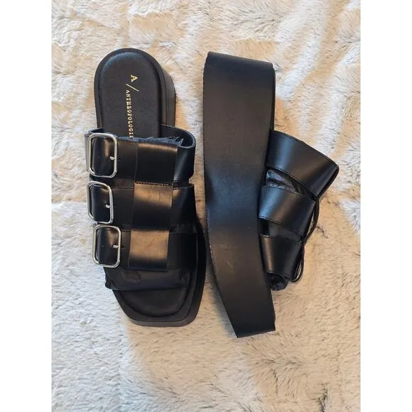 NWT Anthropologie Black Leather Strap Sandals - 38 EU (7.5-8.0 US)