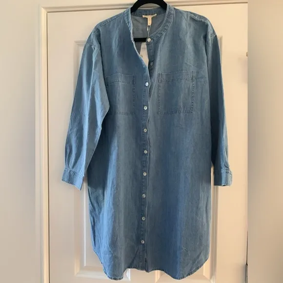 NWT Eileen Fisher Mandarin Collar Denim Tencel Dress SZ S