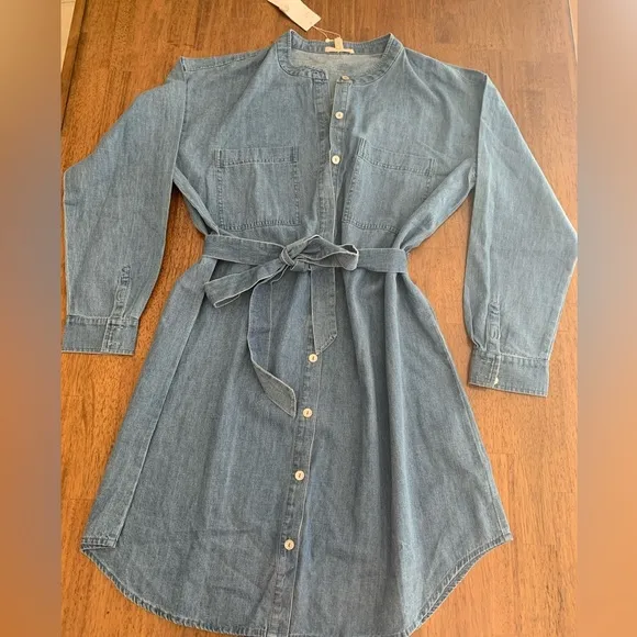 NWT Eileen Fisher Mandarin Collar Denim Tencel Dress SZ S