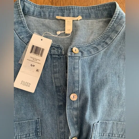 NWT Eileen Fisher Mandarin Collar Denim Tencel Dress SZ S