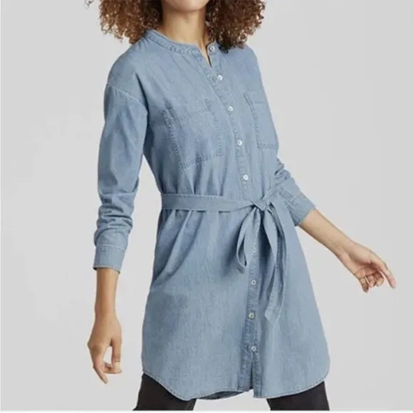 NWT Eileen Fisher Mandarin Collar Denim Tencel Dress SZ S