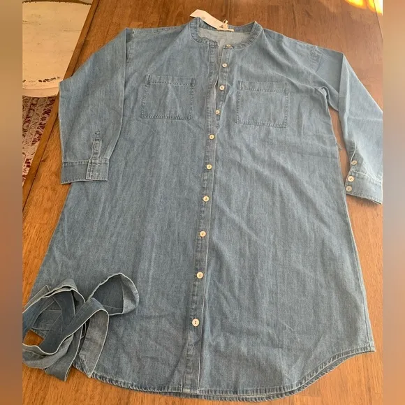 NWT Eileen Fisher Mandarin Collar Denim Tencel Dress SZ S
