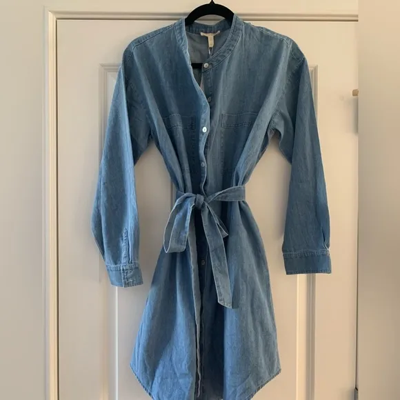 NWT Eileen Fisher Mandarin Collar Denim Tencel Dress SZ S