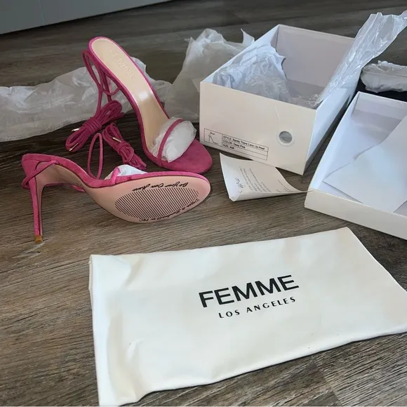 NWT Femme Barely There Lace Up Sandals in Deep Pink as seen on Hailey Bieber