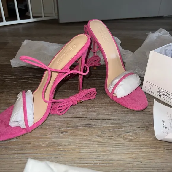 NWT Femme Barely There Lace Up Sandals in Deep Pink as seen on Hailey Bieber