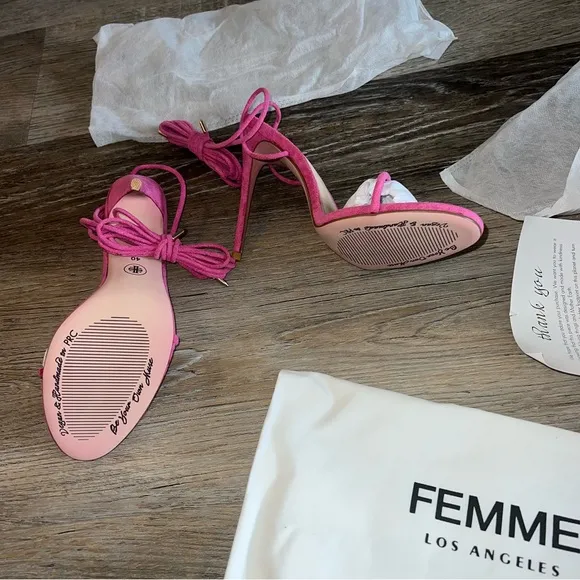 NWT Femme Barely There Lace Up Sandals in Deep Pink as seen on Hailey Bieber